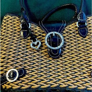 BRIGHTON Woven Braided Straw Rattan Tote Bag Purse with black leather.